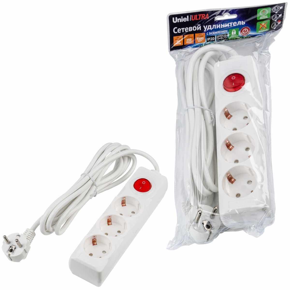 фото удлинитель uniel ultra 3гн х 3м с/з s-gcu3-3b white ul-00010016 | 220svet.ru