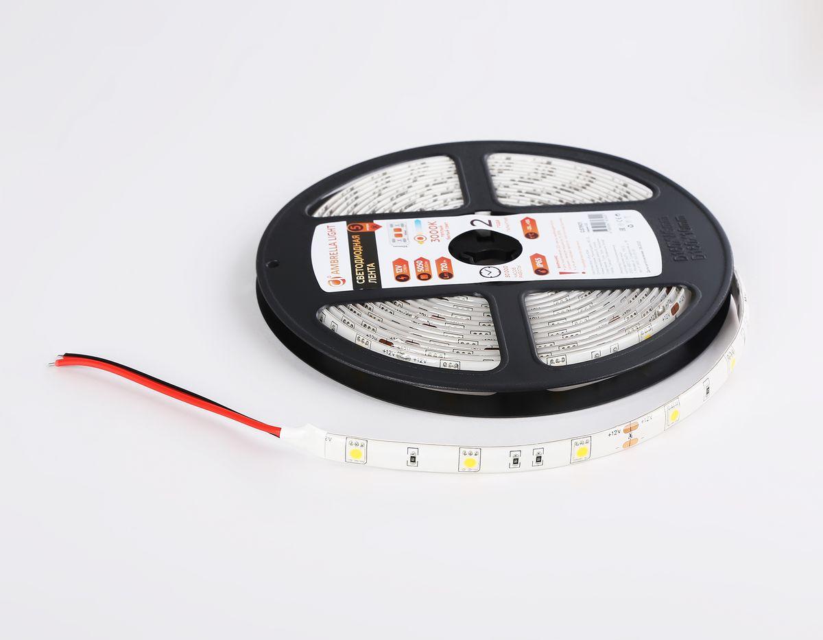 фото светодиодная влагозащищенная лента теплый белый ambrella light 7,2w/m 30led/m 5050smd 3000к 5m gs1901 | 220svet.ru