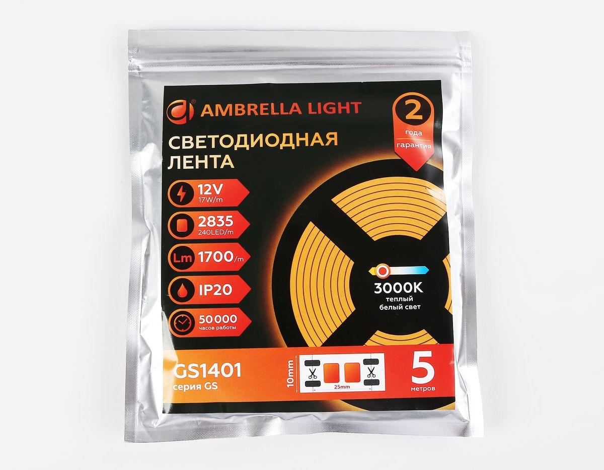 фото светодиодная лента теплый белый ambrella light 17w/m 240led/m 2835smd 3000к 5m gs1401 | 220svet.ru