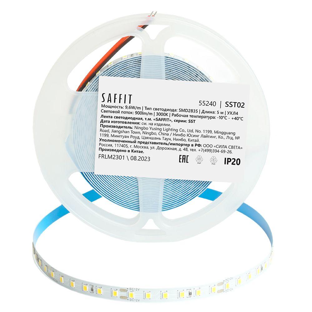 фото светодиодная лента saffit 9,6w/m 120led/m 2835smd теплый белый 5м sst02 55240 | 220svet.ru