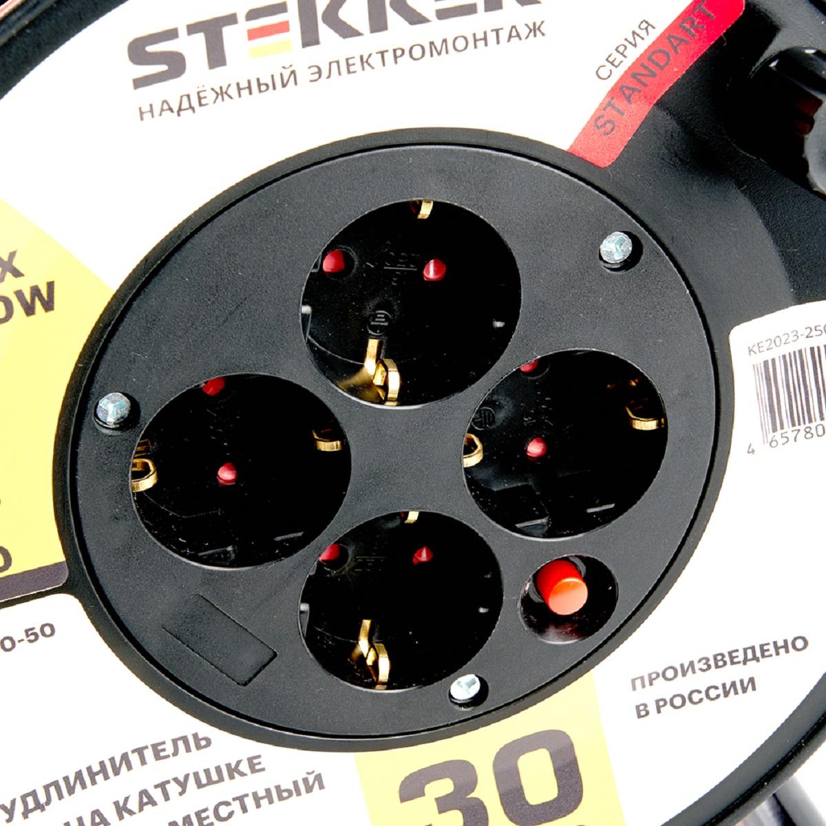 фото удлинитель на катушке feron stekker standart 4 гнезда с/з пвсбм 3*1 30м std01-40-30 49390 | 220svet.ru