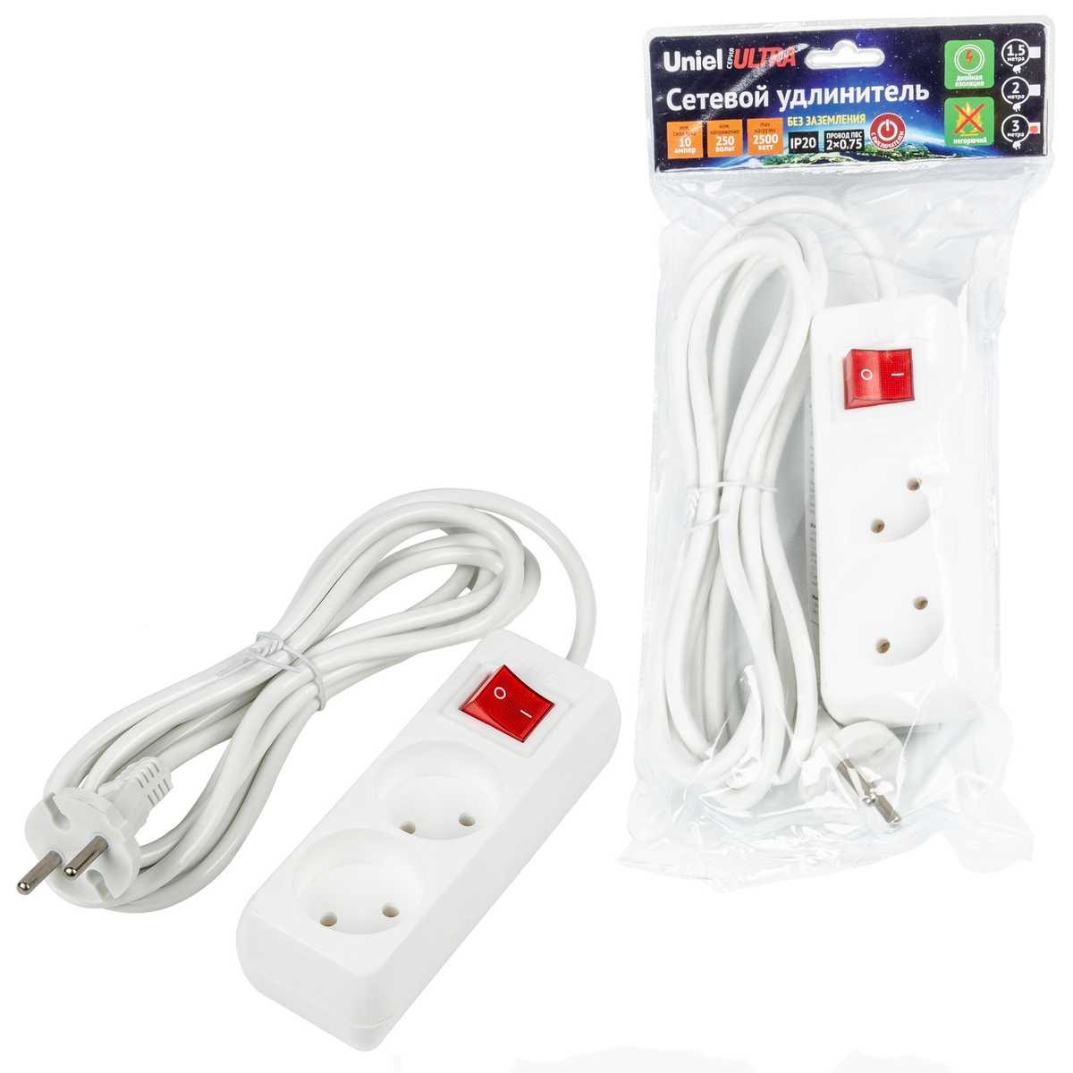 фото удлинитель uniel ultra 2гн х 3м б/з s-cu2-3b white ul-00009992 | 220svet.ru