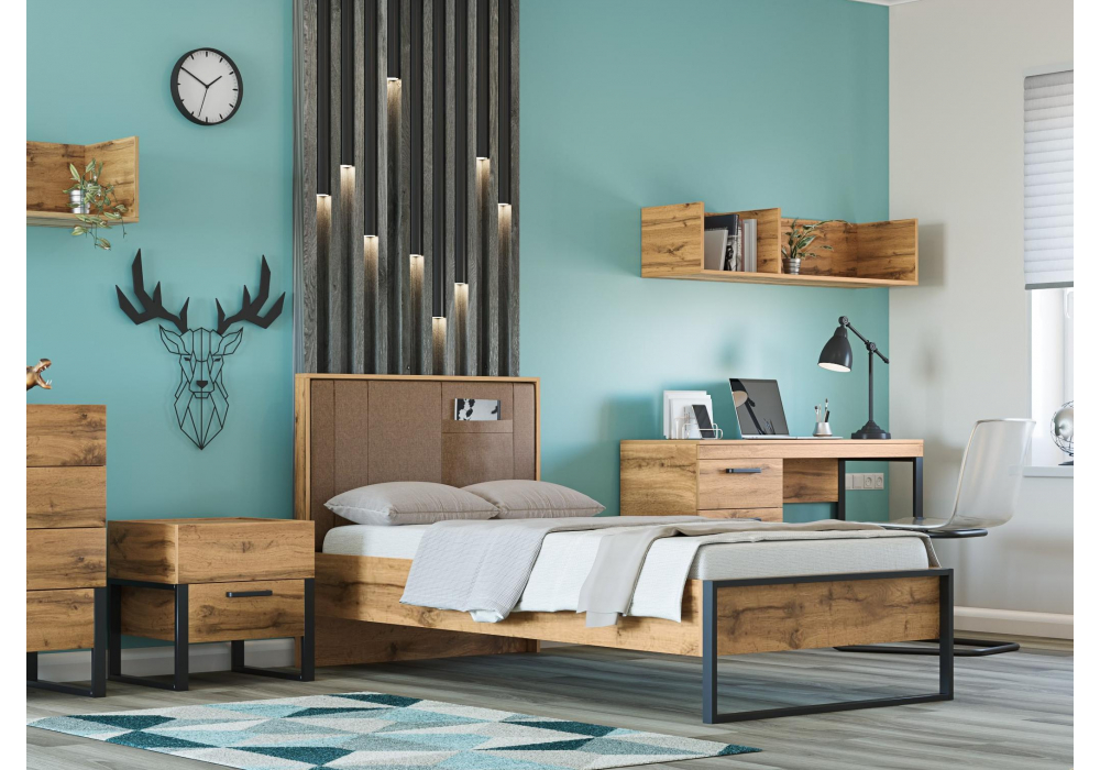 фото односпальная кровать 90х200 woodville iris металл дуб вотан / черный муар 406519 | 220svet.ru