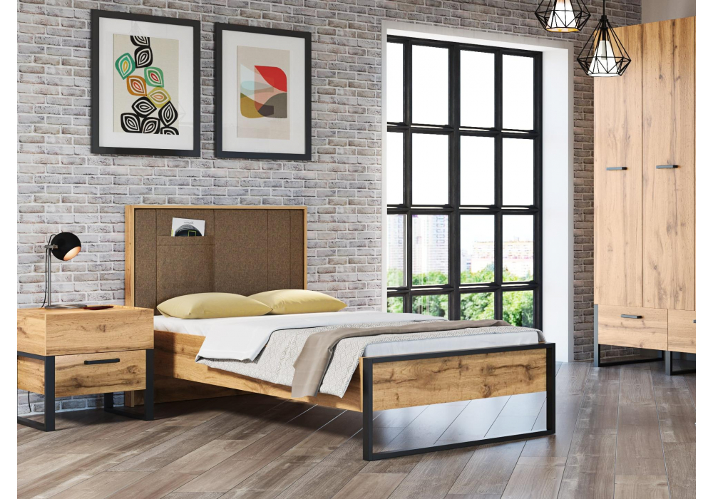 фото односпальная кровать 90х200 woodville iris металл дуб вотан / черный муар 406519 | 220svet.ru