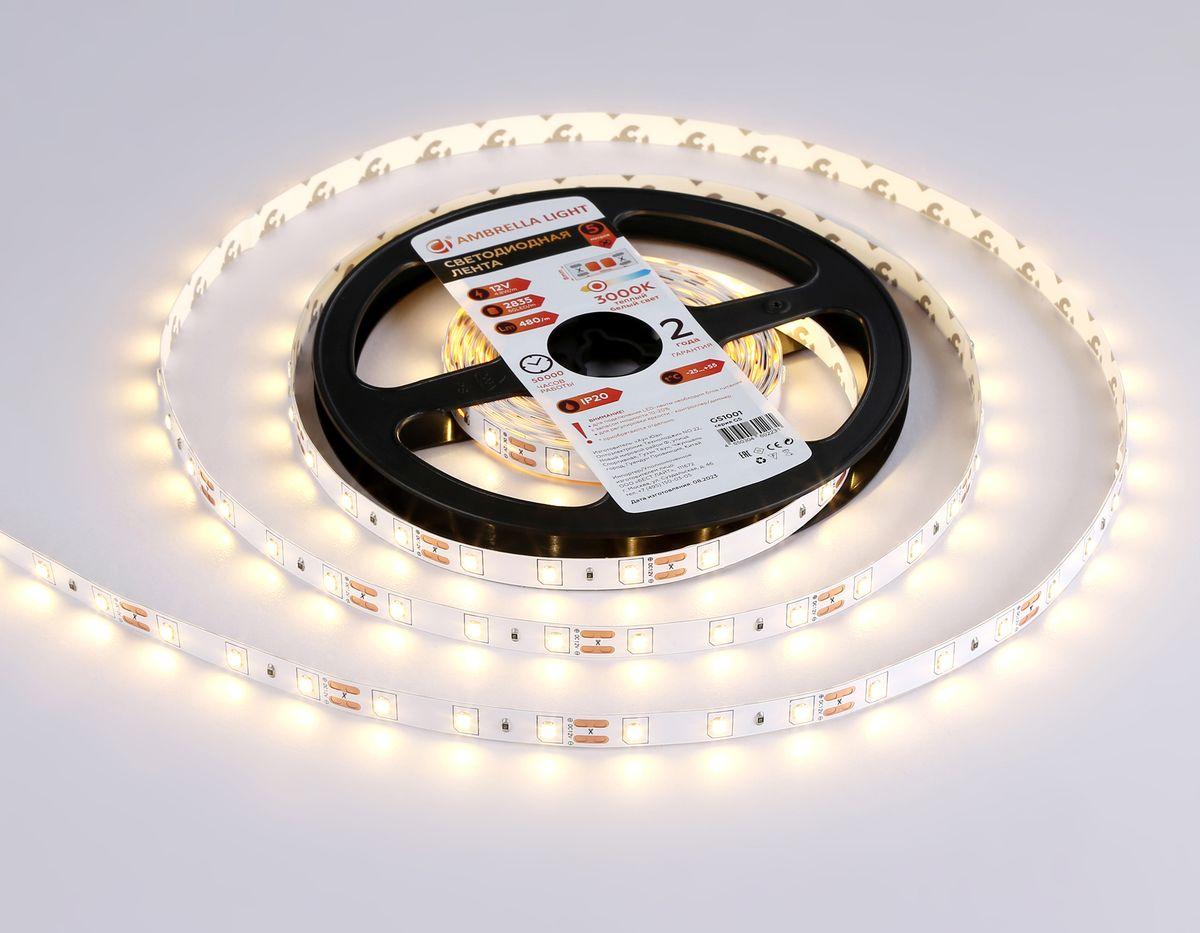 фото светодиодная лента теплый белый ambrella light 4,8w/m 60led/m 2835smd 3000к 5m gs1001 | 220svet.ru