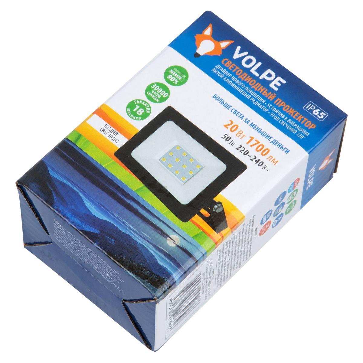 фото прожектор светодиодный volpe 20w/3000k ip65 220-240v black ul-00011633 | 220svet.ru