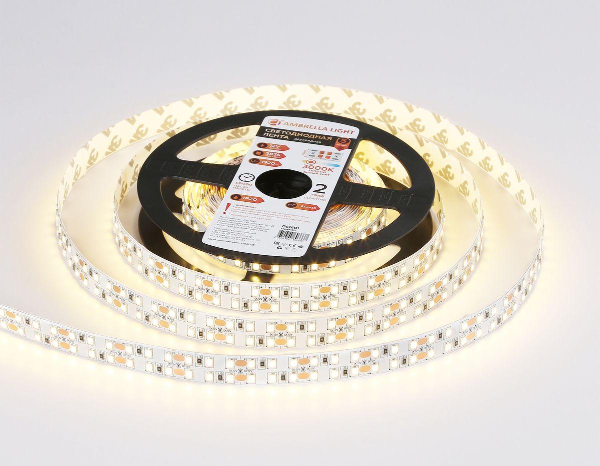 фото светодиодная лента теплый белый ambrella light 19,2w/m 240led/m 2835smd 3000к 5m gs1601 | 220svet.ru