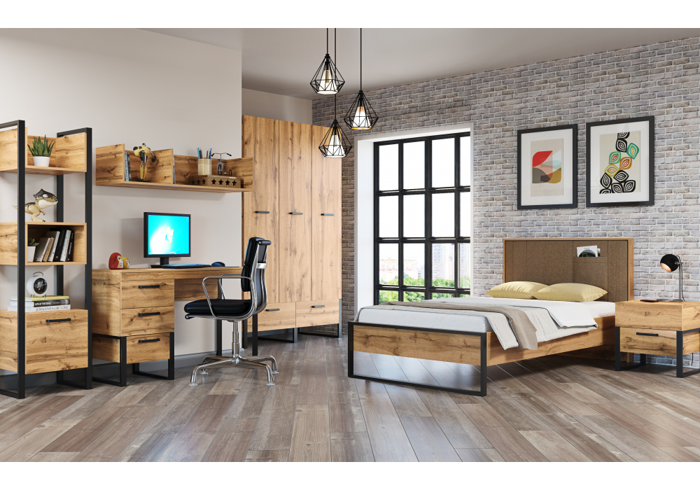 фото односпальная кровать 90х200 woodville iris металл дуб вотан / черный муар 406519 | 220svet.ru