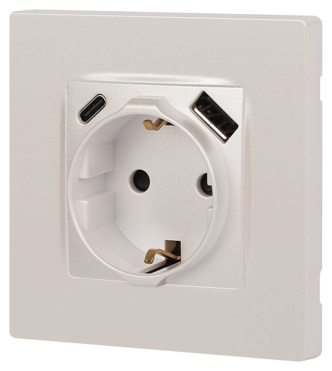 фото розетка эра серия 12 12-4108-15 2p+e 16a-250в со шторками с usb type-a+c 5в-3а перламутр б0067767 | 220svet.ru
