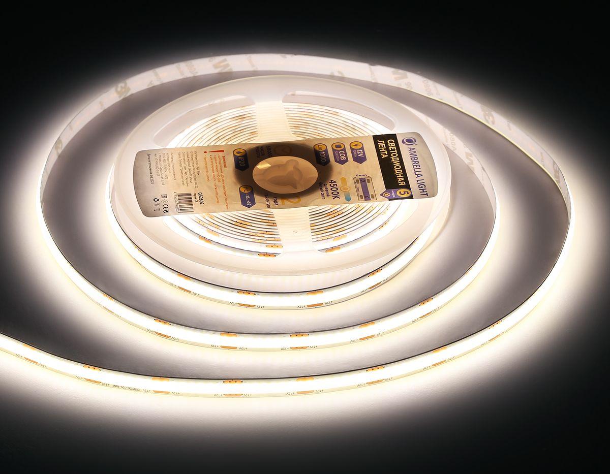 фото светодиодная лента дневной белый ambrella light 10w/m 320led/m cob 4500к 5m gs2602 | 220svet.ru