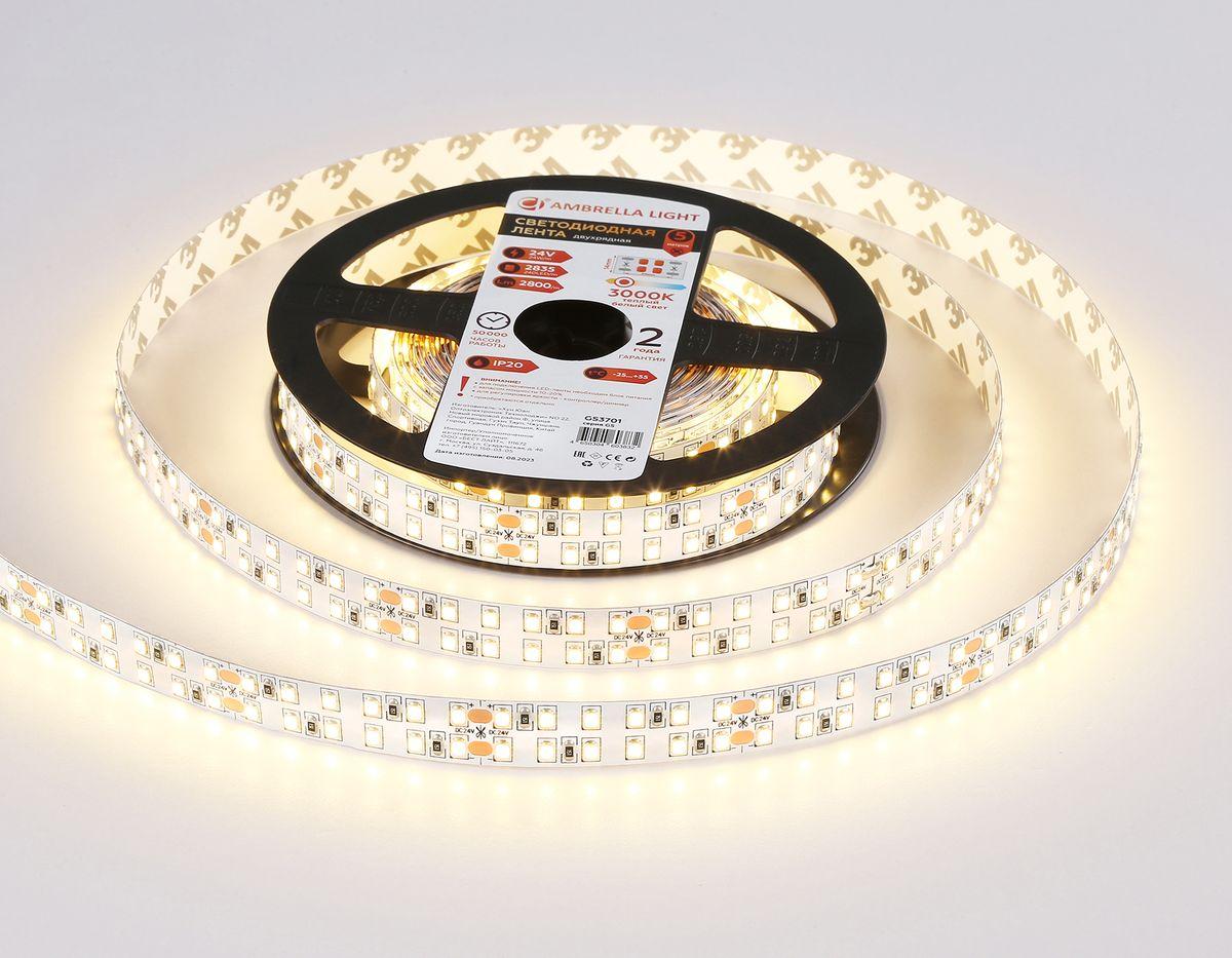 фото светодиодная лента теплый белый ambrella light 24w/m 240led/m 2835smd 3000к 5m gs3701 | 220svet.ru