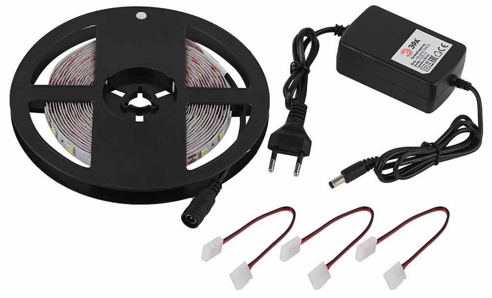 фото светодиодная лента эра 14,4w/m 60led/m 5050smd холодный белый 5m 5050kit-14,4-60-12-ip20-6500-5m б0043065 | 220svet.ru