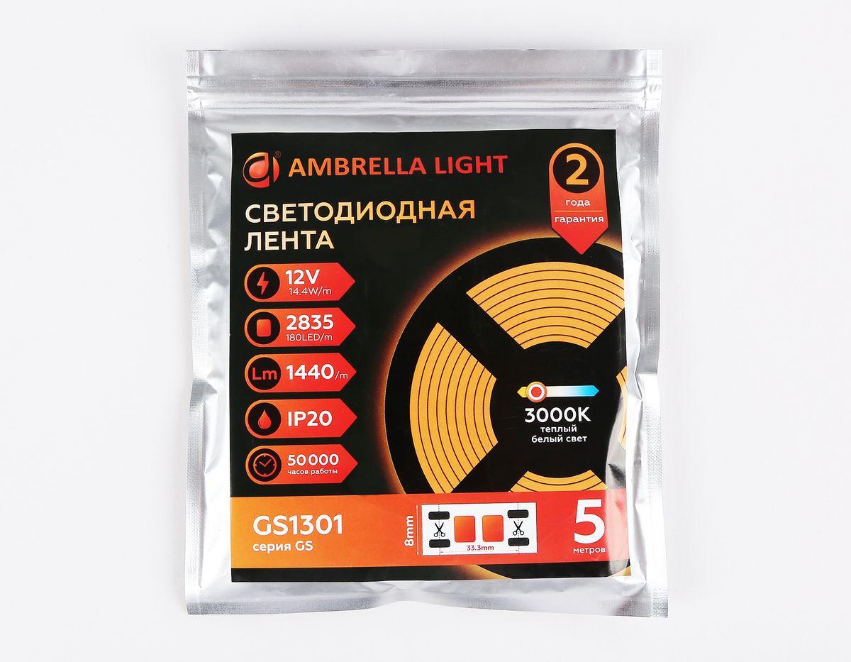 фото светодиодная лента теплый белый ambrella light 14,4w/m 180led/m 2835smd 3000к 5m gs1301 | 220svet.ru