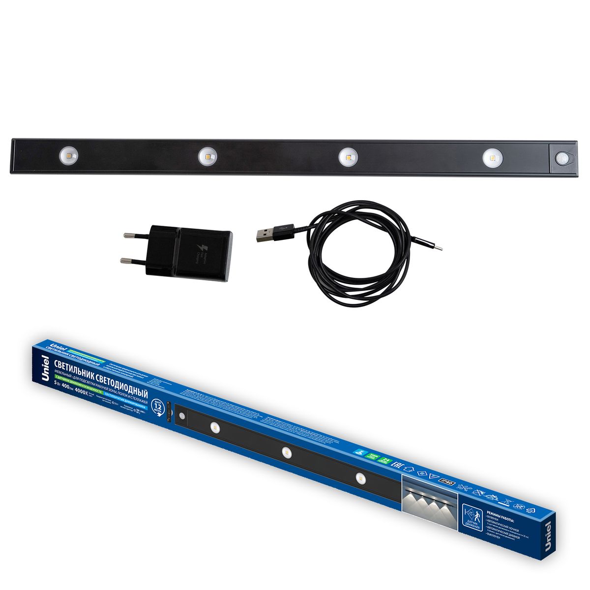 фото мебельный светодиодный светильник uniel uli-f50-5w/4000k sensor ip40 black ul-00011957 | 220svet.ru