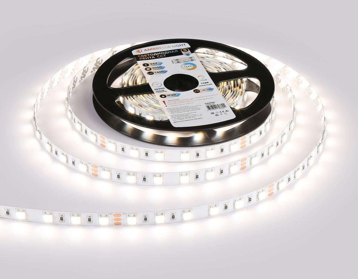 фото светодиодная лента теплый - холодный белый ambrella light 14w/m 60led/m 5050smd 3000-6500к 5m gs4101 | 220svet.ru