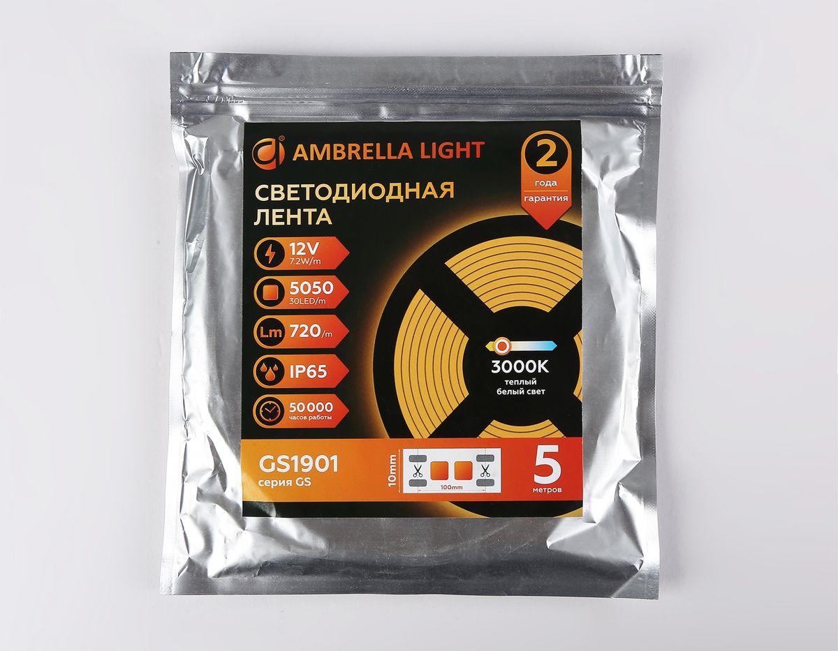 фото светодиодная влагозащищенная лента теплый белый ambrella light 7,2w/m 30led/m 5050smd 3000к 5m gs1901 | 220svet.ru