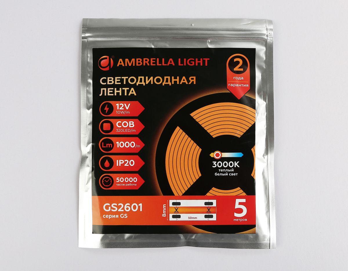 фото светодиодная лента теплый белый ambrella light 10w/m 320led/m cob 3000к 5m gs2601 | 220svet.ru