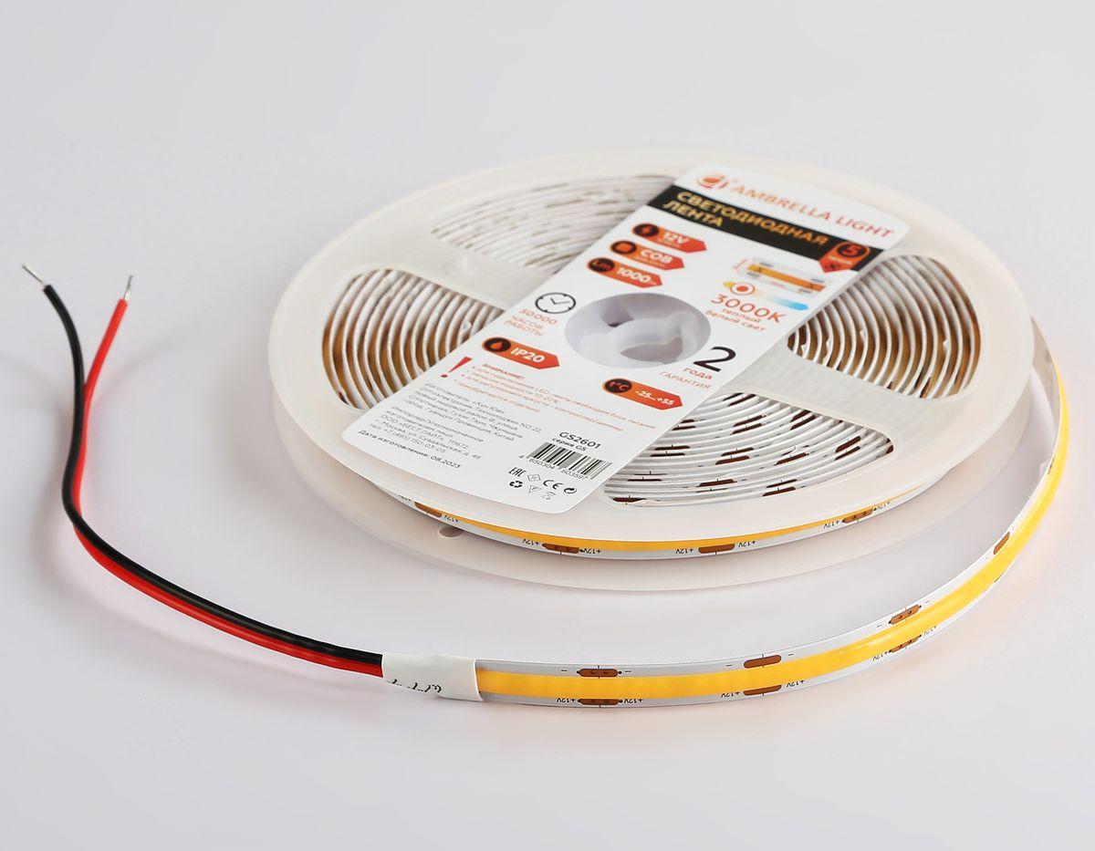 фото светодиодная лента теплый белый ambrella light 10w/m 320led/m cob 3000к 5m gs2601 | 220svet.ru