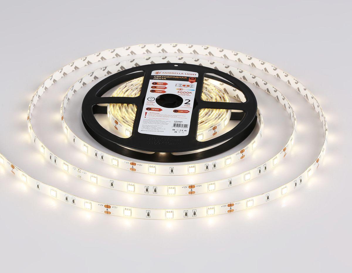 фото светодиодная влагозащищенная лента теплый белый ambrella light 7,2w/m 30led/m 5050smd 3000к 5m gs1901 | 220svet.ru